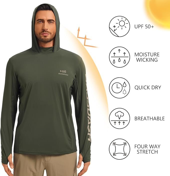 BASSDASH Men’s UPF 50+ Graphic Fishing Hoodie Shirts UV Sun Protection Long Sleeve Moisture Wicking Performance FS48M