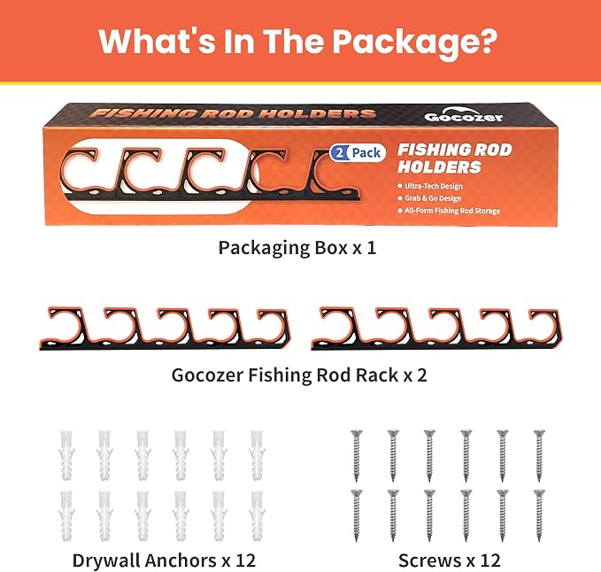 Gocozer Fishing Rod Holder for Garage, H5 Wall or Ceiling Mounted Fishing Pole Holders with Soft Protective Pad, Fishing Rod Storage Organizer, Horizontal Fishing Rod Wall Mount Nets Storage (2 PACK)