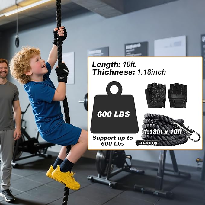 Climbing Rope Gym Workout - 1.5 Inch Dia 10FT 15FT 20FT 25FT 30FT 35FT 40FT 50FT Heavy Duty Work Out Rope Exercise Climbing Ropes for Adults Kids Fitness & Strength Training Outdoor & Indoor - Black