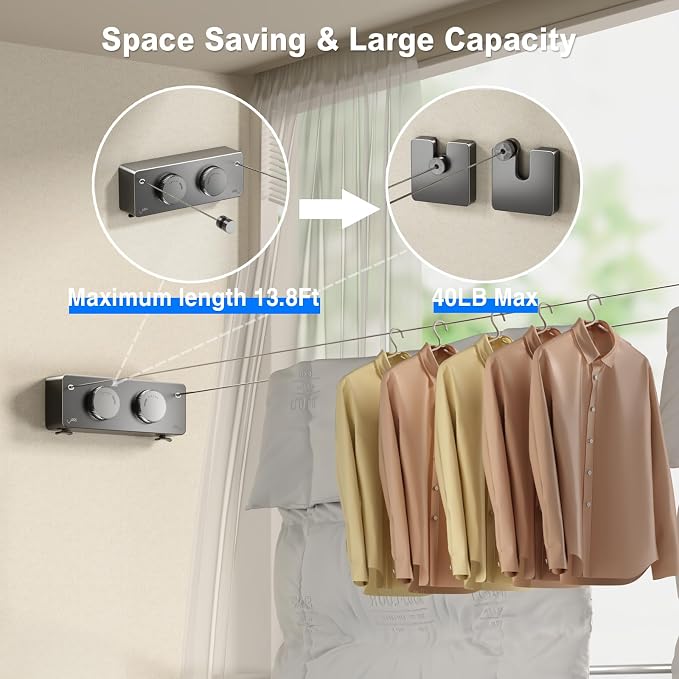 MUSTORN Retractable Twin Clothesline Indoor, Non-Sagging Outdoor Clothes Line Retracting Heavy Duty Clothes Drying Laundry Line Wall Mounted Stainless Steel Line-13.8Feets(Double Line-Gray)