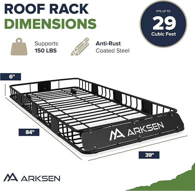ARKSEN 84" x 39" x 6" Roof Rack Basket with Extension, 150 lb Heavy-Duty Steel Cargo Carrier, Fits Crossbars up to 1.38" Thick, for SUV & Pickup Truck