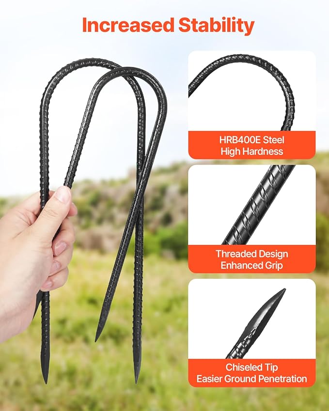 VEVOR Rebar Stakes, 12-Inch, Heavy-Duty 0.32 in Diameter U Shape, Galvanized Steel Ground Anchors with Chisel Point End & Rust-Resistant Coating, for Gardening Support, Fence, Camping Tents (8-Pack)