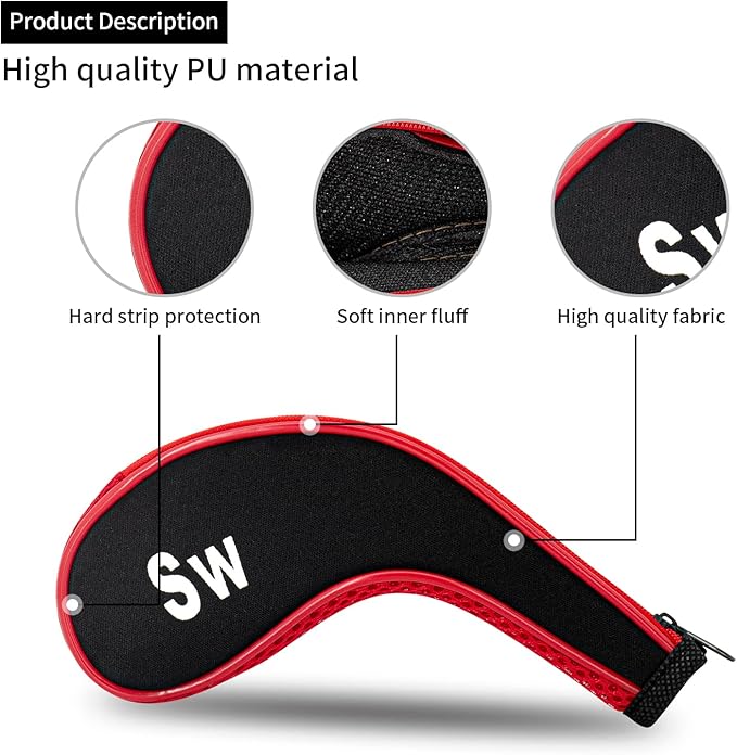 Golf Club 12pcs Thick Synthetic Zipper Long Neck Set Headcover Fit The Most Brands, Side Number Golf Iron Club Head Cover LW SW PW Covers #3,4,5,6,7,8,9