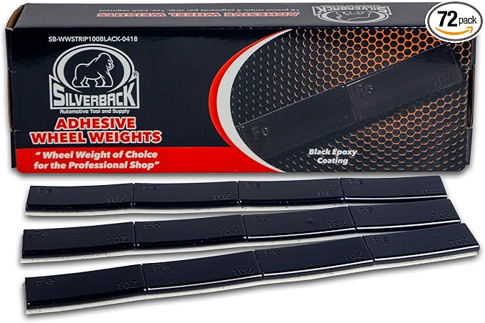 Silverback 1.0oz Black Steel Adhesive Tape Wheel Weights with Easy Peel Tape for The Professional Tire Dealer. Cars, Trucks, SUV's, & Motorcycles. Black1.0oz Steel Tape Weight. 72pcs