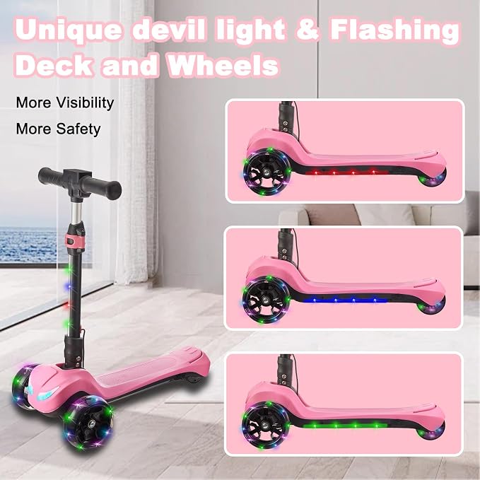 3 Wheel Electric Scooter for Kids Ages 3+, LCD Display, Colorful Lights, Reliable Thumb Throttle, 3 Adjustable Height, 5Mph Safe Speed and Long Range, Foldable Kids Electric Scooter