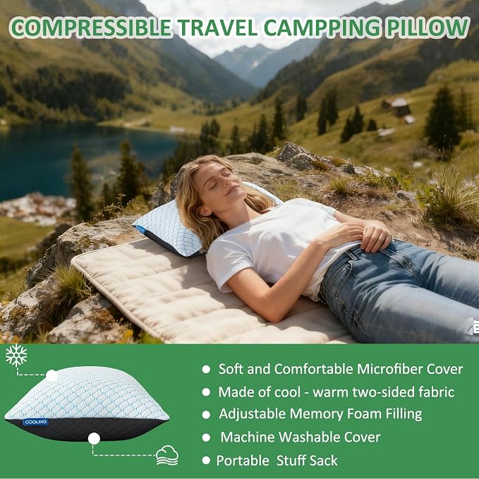 Travel Pillow - Large 1 Pack Compressible Camping Pillow for Sleeping - Shredded Memory Foam with 1 Storage Bags - Supportive for Adults, Kids, Outdoor, Backpacking, Hiking Gear