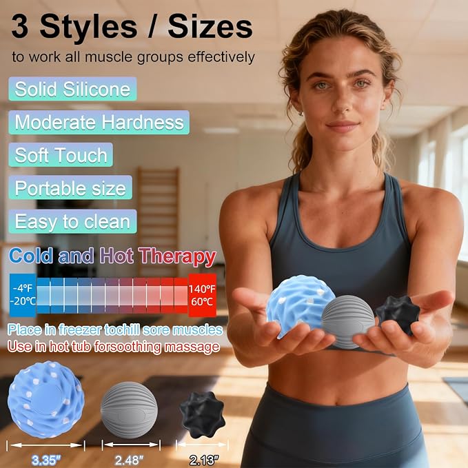 HODEMI Spiky Massage Ball Set, 3 Pack Spiky Ball, Ribbed Massage Ball & Trigger Point Ball for Deep Tissue Massage and Myofascial Release for Back, Neck, Hip, Shoulder and Foot with Mesh Bag