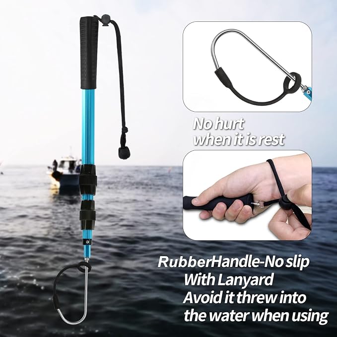 SANLIKE Telescopic Fishing Gaff Aluminum Pole with Nonslip Rubber Handle Stainless Steel M8 Screw Hook