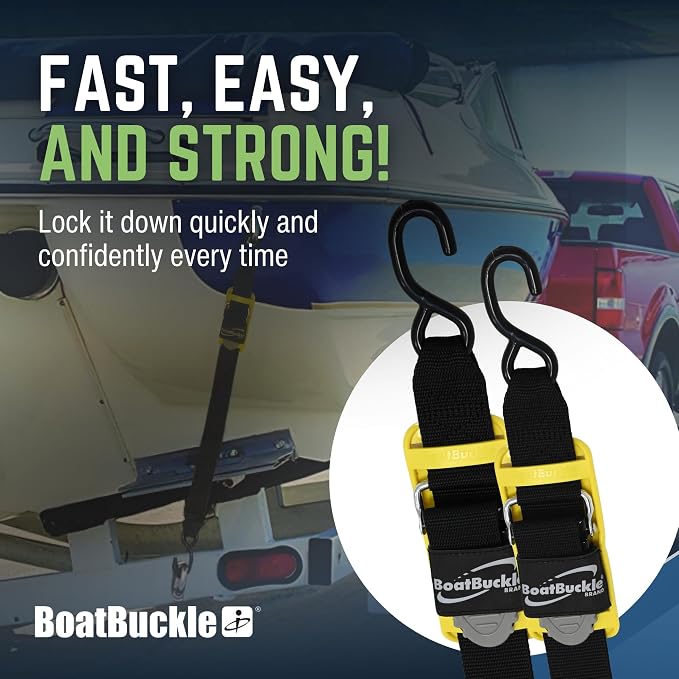 BoatBuckle's Pro Series Kwik-Lok Boat Tie Down Straps to Trailer with Boat Pads, 2-Pack Easy to Use Adjustable Transom Tie Down Straps, 2-Inch x 6-Feet, 1,200 Lbs Break Strength
