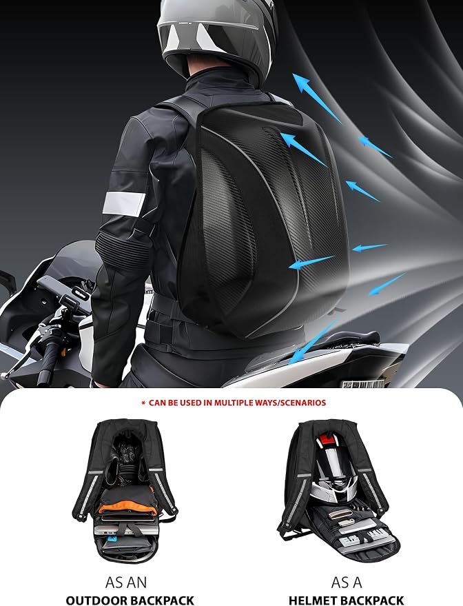 JFG RACING Motorcycle Backpack,30L Hardshell Carbon Fiber Pattern Waterproof Helmet Backpack for Men Riding Bag for Travel Daily Storage Motorcycles Accessories