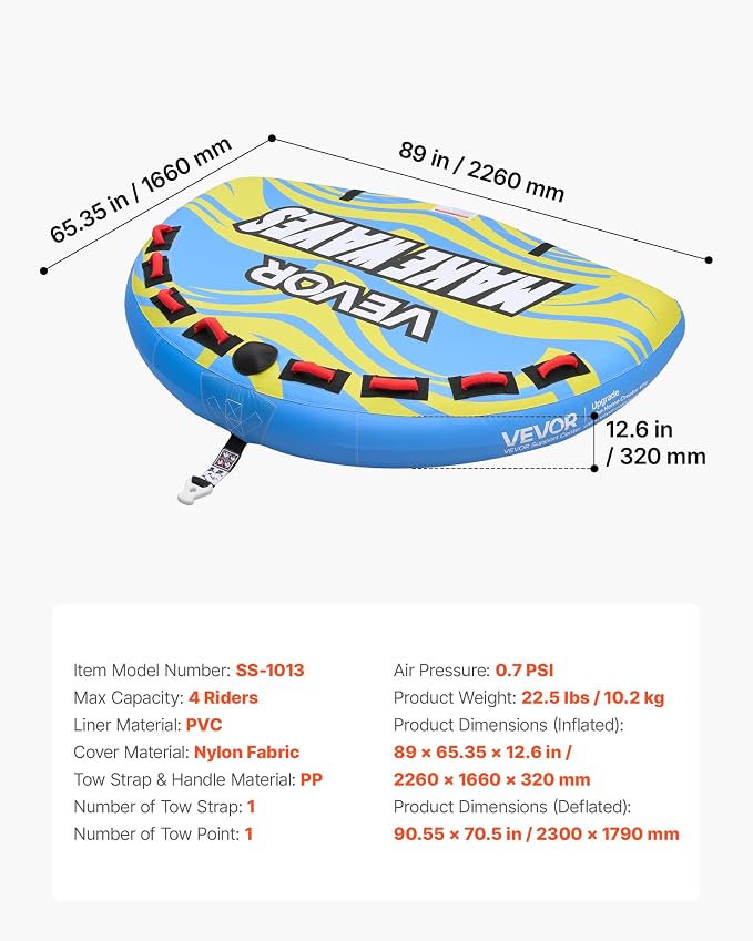 VEVOR Towable Tubes for Boating, 1-4 Riders Inflatable Boat Tubes & Towables, 340-680 lbs Capacity, Multiple Sizes with Full Nylon Cover, Padded/EVA Handles, Fins & Safety Valve (Multi-Option)
