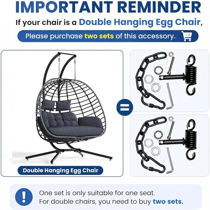 Patio Swing Egg Chair Hanging Kit with Spring, Pin Plug & Snap Hook – Heavy Duty Hammock Chair Hardware Accessories for Single Egg Chair with Stand, 550 lbs Capacity