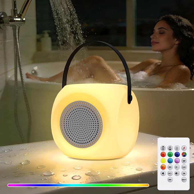 FUYO Shower Lamp with Speaker 16 Colors with Remote, Shower Lights Waterproof, Bluetooth Speakers with Lights Dual Pairing HD Stereo Sound for Indoor Outdoor Bathroom Party Pool Patio (Fatty)