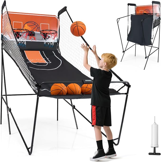 Giantex Arcade Basketball Game Indoor Dual Shot with 8 Game Modes, 4 Balls, 2 Hoops, Air Pump and LCD Scoreboard, Foldable Electronic Basketball Games for Adults and Kids