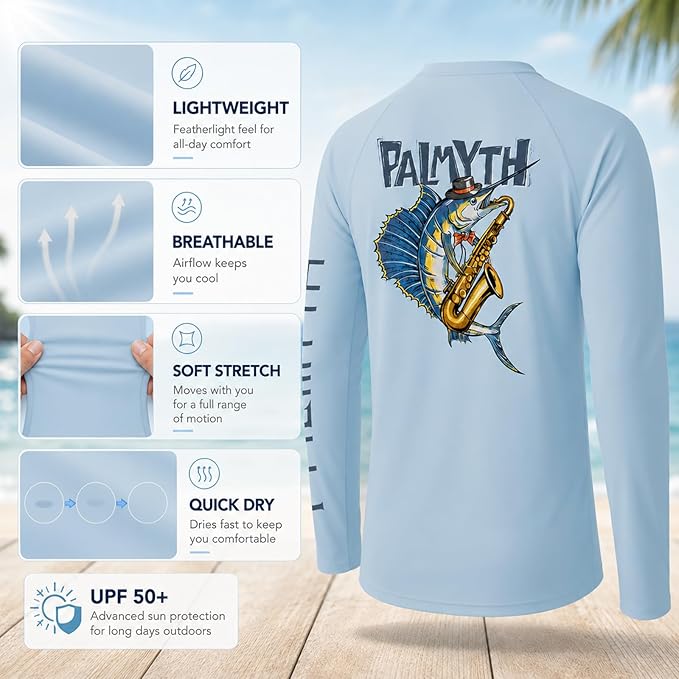 Palmyth Fishing Shirts for Men Long Sleeve UPF 50+ T Shirt Sun Protection | Quick Dry, Sun Protection, Myth-Cool Fabric, Fish Print, Moisture Wicking, Stretchy, Breathable, Fishing,Boating,Outdoor Wear