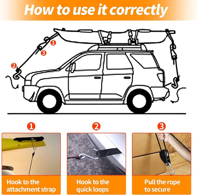 Mind and Action Kayak Tie Down Straps,Quick Hood Loops Trunk Anchor,Canoe Transport Accessories Secure Vehicle Lashing Point (2 Pulley Hooks)