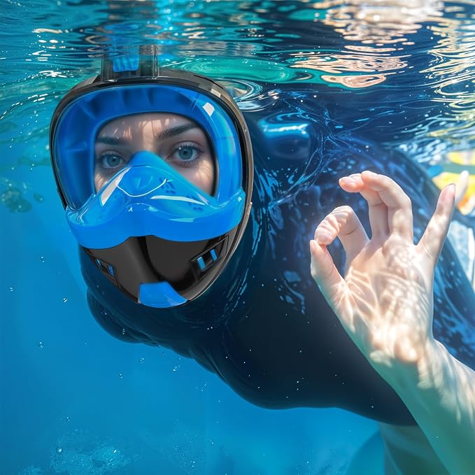 Full Face Snorkel Mask, Snorkeling Gear for Adults Kids with Latest Dry Top Breathing System and Detachable Camera Mount, with 180 Degree Panoramic View