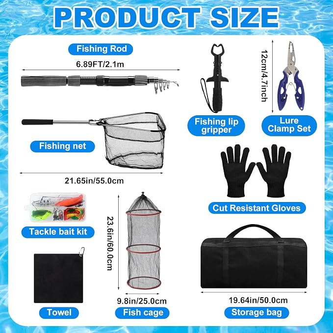 51 Pcs Fishing Rods Combo 6.89ft Telescopic Freshwater Pole Set with Plier Lip Gripper Lures Carrier Bag Pre Loaded Spinning Reel with Freshwater Rod Reel Kit Father Men Gift