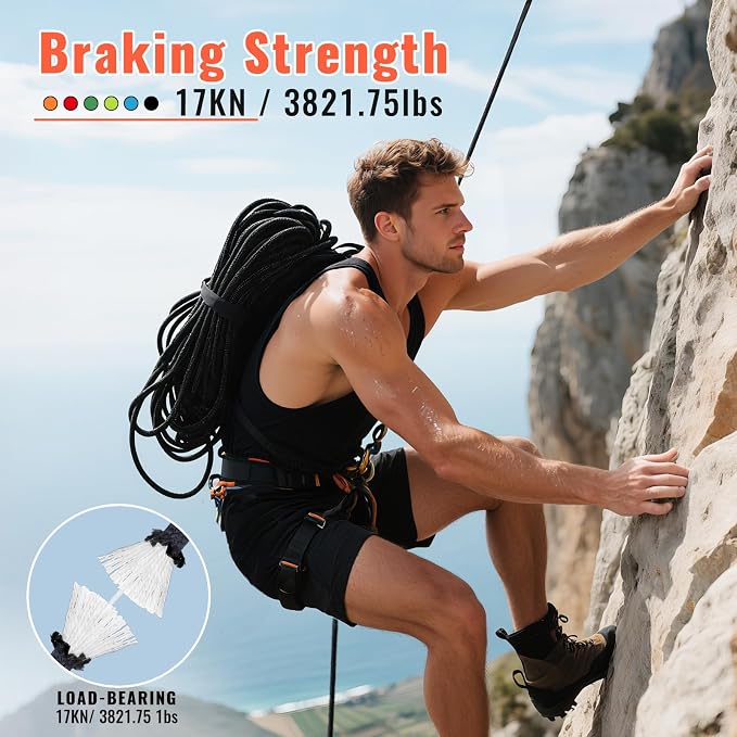 10.5mm Static Climbing Rope - 32FT Rock Climbing Rope for Adults & Kids, Outdoor Heavy Duty Rappelling Ropes for Fire Rescue, Escape, Ice Climbing, Parachute, Caving - Black