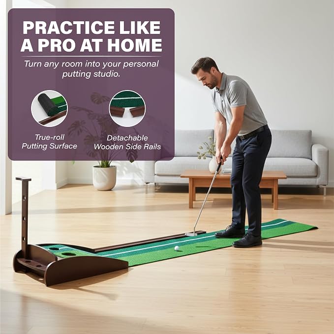 Golf Putting Mat – Practice Putting Green Indoor – Non-Slip Smooth Surface for Indoor & Office – Automatic Ball Return Golf Practice Mat for Home & Indoor Use