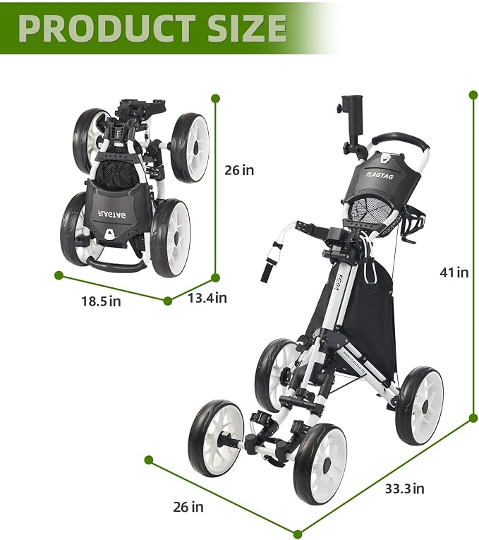 FLAGTAG Golf Push Cart 4-Wheels,Folding Golf Cart, Golf Pull cart with Cup Holder,Umbrella Holder,Cooler Bag, Foldable with one-Click,Handle Height Adjustable,Drink Holder,Walking Push cart