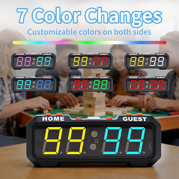 Digital Scoreboard with 7 Color Change, Portable Electronic Scoreboard with Battery Powered, Portable Score Keeper with Buzzer for Pingpong/Board Game/Indoor & Outdoor Game