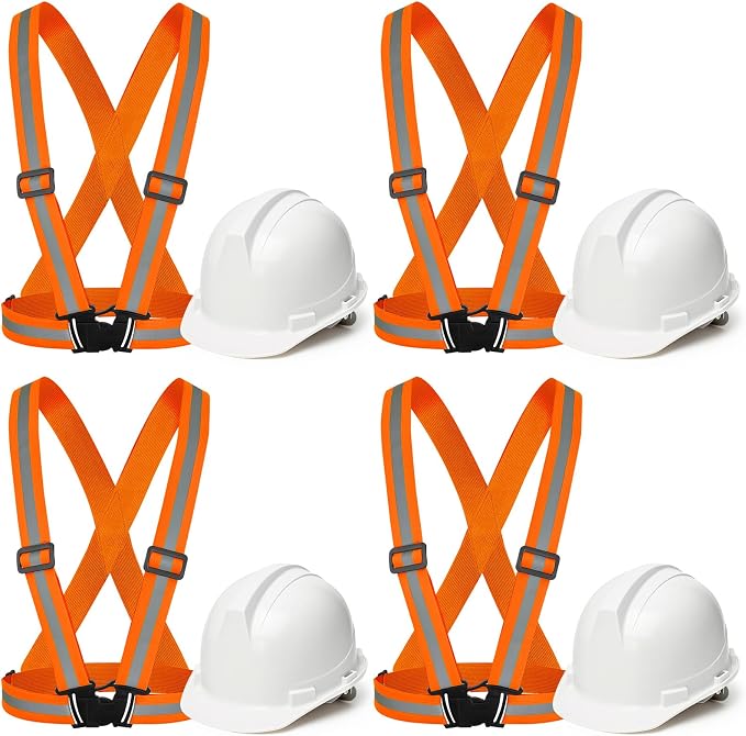 Hercicy 8 Pcs Construction Hard Hat and Vest for Adult, Construction Worker Costume Set Lightweight Safety Reflective Vest Adjustable Ratchet Safety Helmets High Vis Strips for Cycling Running