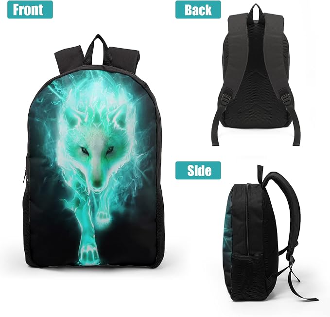 Giwawa Cyan Wolf Backpack 3-Piece Set, Cool Wilderness Animal Pattern Bookbag Lunch Bag Stationery Holder Case for School College Students Daily Essentials Camping Trips Outdoor Travel
