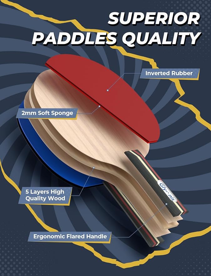 Glymnis Ping Pong Paddles Set, Ping Pong Balls with Retractable Net,Table Tennis Rackets with Carry Bag, Indoor/Outdoor Table Tennis Game Accessories
