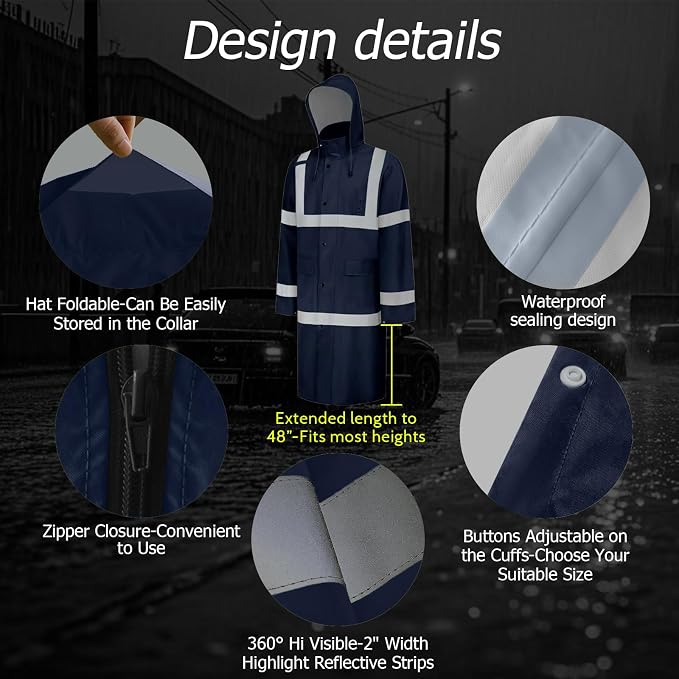 High Visibility Rain Suit, High Vis Rain Suit for Men, Waterproof Rain Jacket with Hood, Class 3 Lightweight Hi Vis Rain Gear for Outdoor & Safety Work, Men Women, Dark Blue Long, 2XL