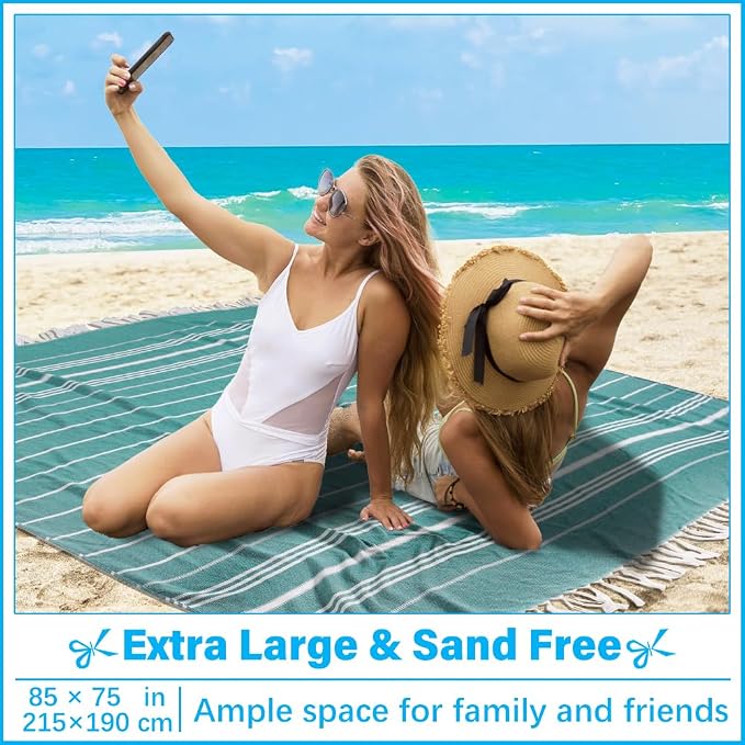 Oversized Turkish Beach Towel Blanket XXL Cotton Sandproof Towels Boho Woven Extra Large Big Sand Free Giant Throw Blankets Huge Quilt XL Picnic Camping Necessities Cloud For Adult Gifts Teal