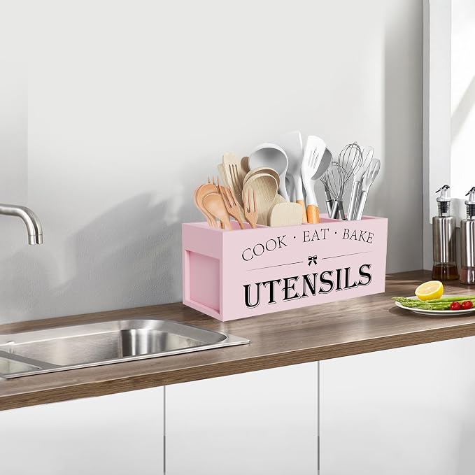 Suli Extra Large Kitchen Utensils Holder with 4 Compartments, Wooden Utensil Organizer for Kitchen Countertop, Farmhouse Kitchen Decor, Rustic Cooking Utensil - Pink