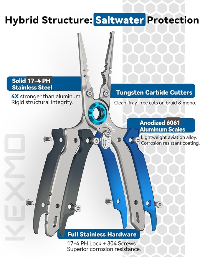 KEXMO 17-4 Stainless Steel Fishing Pliers, Anti-Twist Saltwater Hook Remover Tool, 7.17" Split Ring Pliers with Tungsten Cutters, Lightweight Aluminum Scales, Luminous Locking S-Carabiner