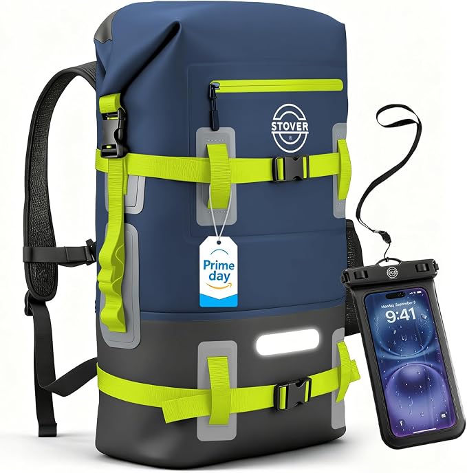 STOVER 30L Waterproof Dry Backpack & Phone Case - X-Large Floating Dry Bag for Kayaking, Travel, Hiking, Fishing, Camping, Motorcycles & Beach, Heavy-Duty Roll Top Men/Women (Navy Blue/Black/Green)