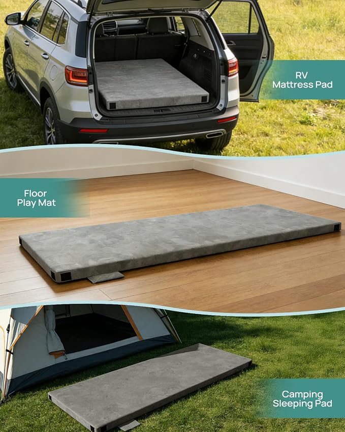 Releep 3 Inch Dual-Sided Memory Foam Camping Mattress, Waterproof Camping Sleeping Pad with Portable Pillow & Carry Bag, Roll Up Cot Mattress Mat for Guest Bed/Car/Tent