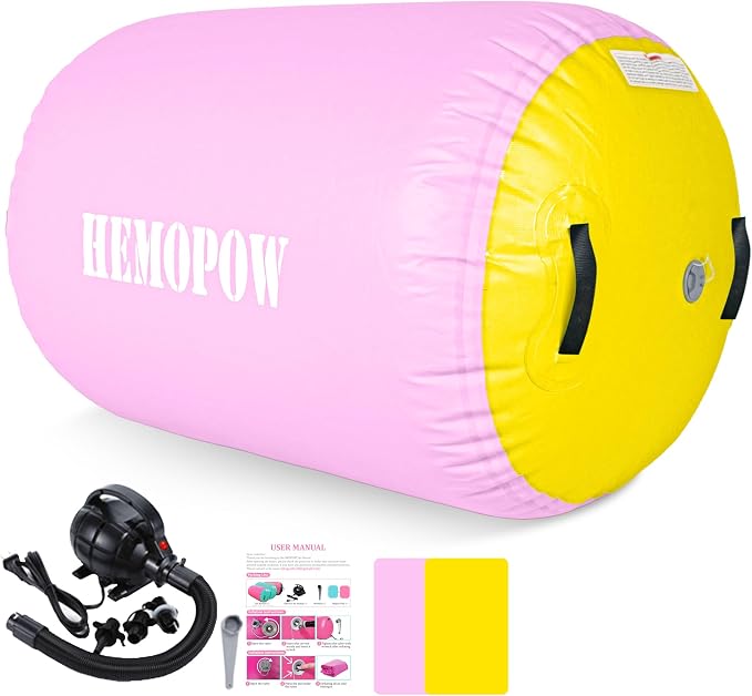 Inflatable Gymnastics Air Barrel Roller with Electric Pump, Heavy Duty PVC Tumbling Barrel Back Handspring Trainer, Air Tumble Track Mat for Home Gym, Cheerleading, Yoga Practice
