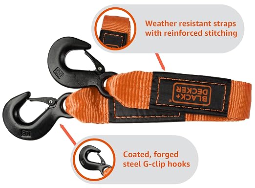 BLACK+DECKER 17-Piece Tow & Secure Tie Down Kit | 2" x 20' x 9,000 lbs Recovery Tow Strap with Clip Hooks, 1" x 10' Deluxe Cam-Buckle Straps, 24", 36", 48" Flat Bungee Straps