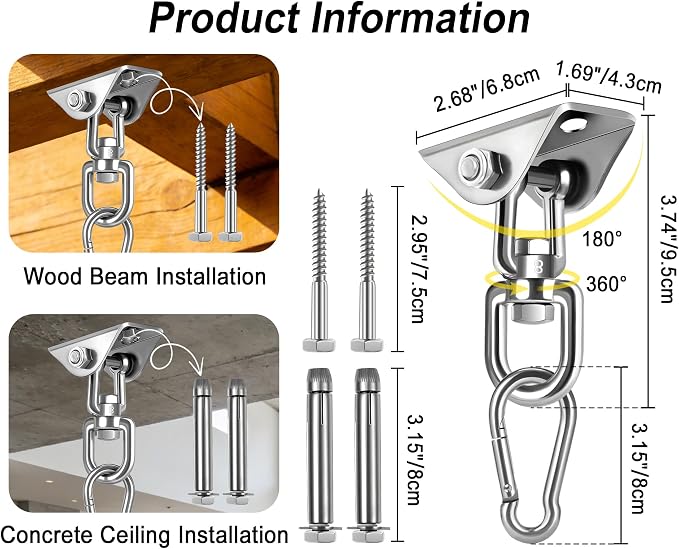 Yose Porch Swing Hanging Kit Heavy Duty 1000lbs Stainless Steel, Easy to Install Swing Hardware with Ceiling Hooks and Hammock Hooks, Complete Swing Set Accessories for Indoor Outdoor Patio Garage