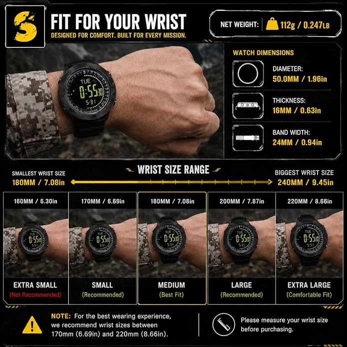 NORTH EDGE Apache Men’s Digital Tactical Watch, Outdoor Sports Watch with Compass, Altimeter, Barometer, Pedometer, Weather Trend, EL Backlight, 50M Water Resistant Hiking Watch