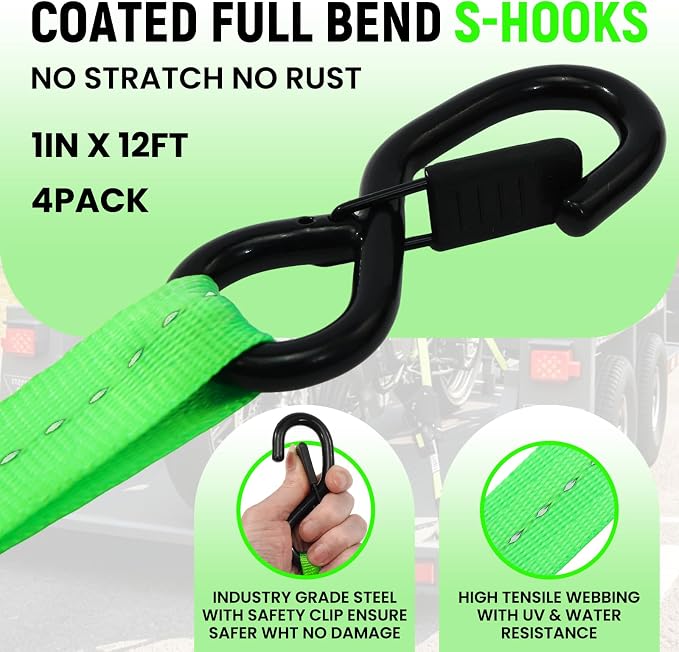 Retractable Ratchet Straps (Patented-2pack) - 1 inch x 10Feet (1,800lb Break Strength) Auto Self Retracting Tie Down Straps - Self Retractable Straps with Refletcive for Motorcyle, Truck or Cargo