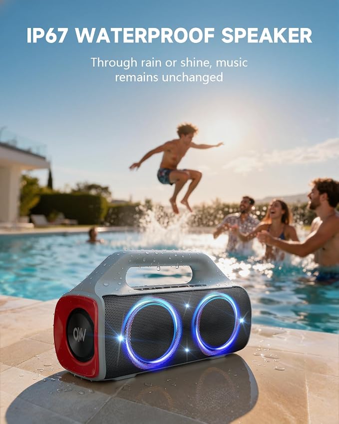 IP67 Waterproof Bluetooth Speaker:80W(Peak) Loud Outdoor Portable Wireless Party Speakers with LED Lights,20H Playtime,Bluetooth 5.3,Deep Bass & TWS for Pool,Beach（White）