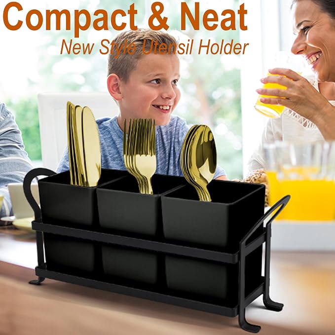 Czlizdyt Cutlery Holder with Drain Holes, Silverware Caddy for Party Countertop, 3pcs Bins Set Utensil Holders for Spoon and Fork, Black