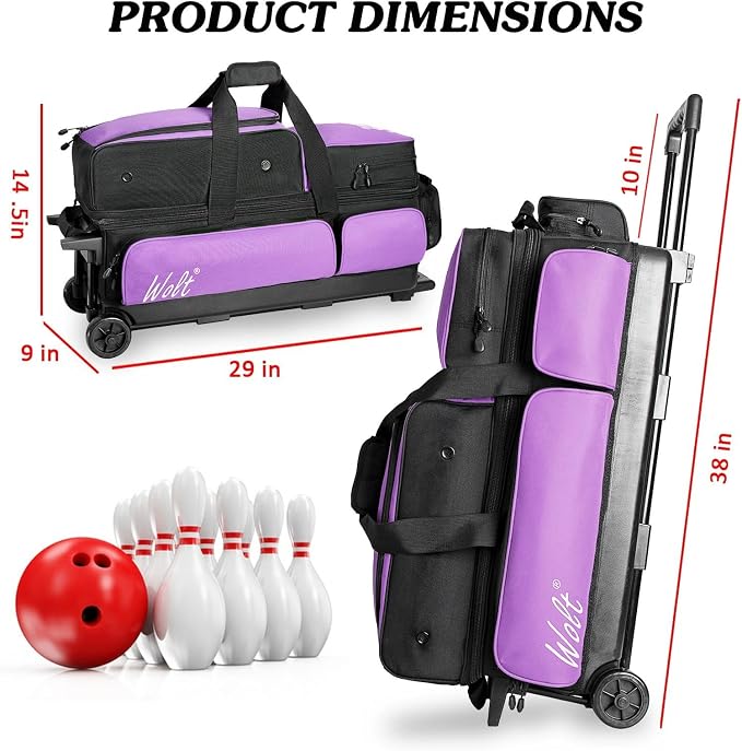 WOLT 3 Ball Bowling Bags with Wheels,Bowling Ball Bag 3 Ball Roller with Separate Shoe Compartment and Accessory Pocket, Retractable Handle Extends to 38’’