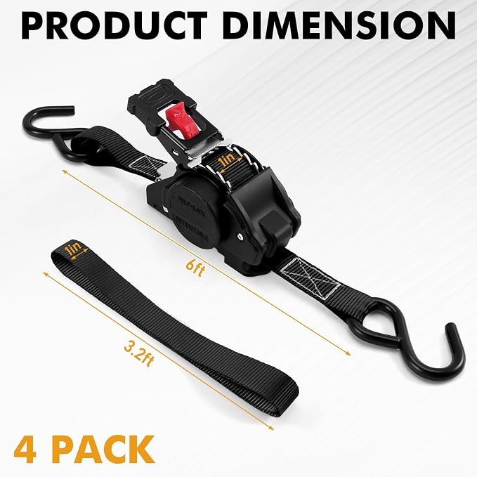 LEVELEVE Retractable Ratchet Tie Down Straps (1" x 6FT, 4-Pack, Black) - Heavy Duty 1560LBS Break Strength Quick-Lock, Weather Resistant for Moving, Cargo, Trucks & Boats