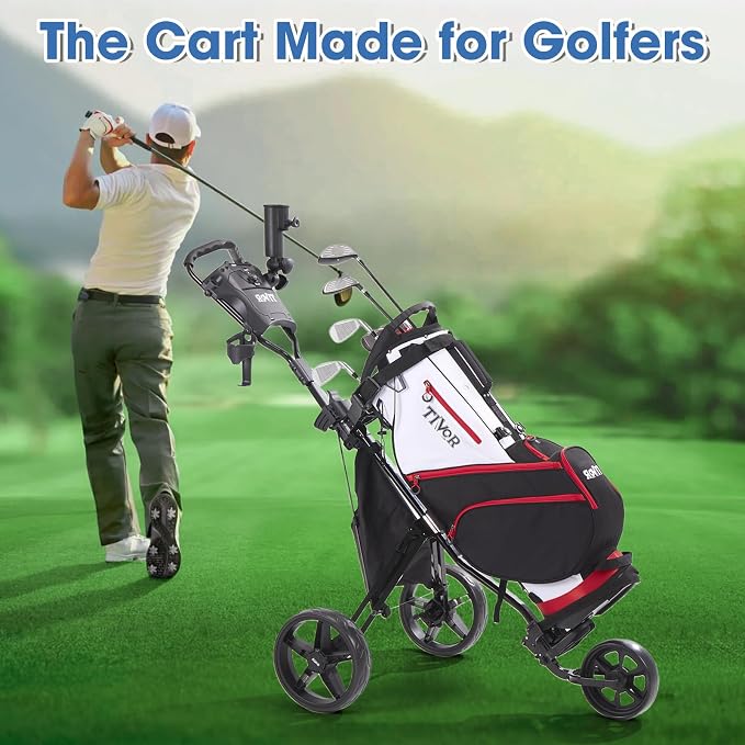 Tivor 3 Wheel Golf Push Cart, Lightweight Push Cart Golf One-Click Folding, Adjustable Height Pushcart for Golf Bags, Compact Design for Ladies, Junior Golfers