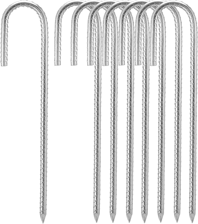8 Pack Rebar Stakes 12 Inch, Heavy Duty Galvanised Steel Rebar Ground Stakes, Fence Anchors, Ground Stakes with Hook, Ground Blind Stakes for Marquees, Gazebos, Tents, Trampolines, Camping