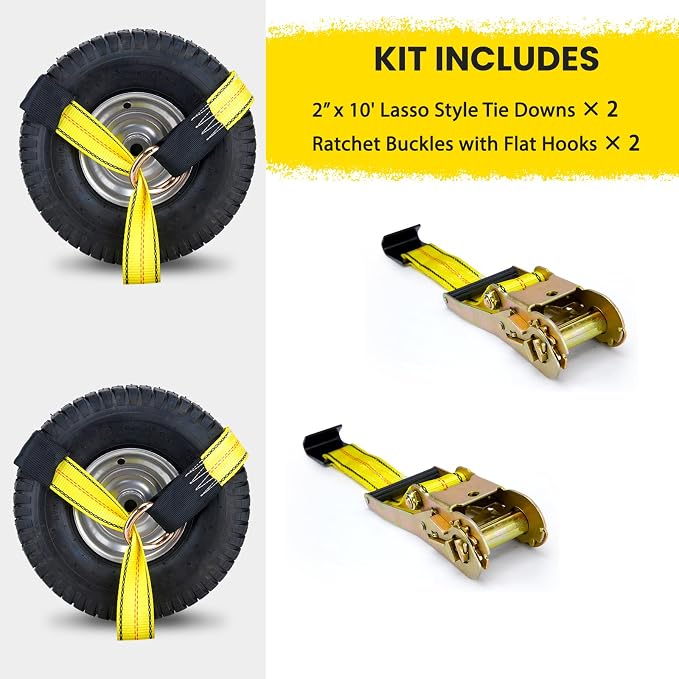 Tire Straps for A Car Trailer, Wheel Tie Down Strap 2" x 10' with Snap Hooks, Car Hauler Wheel Strap for 3300 Pound Safe Working Load (2 Straps)