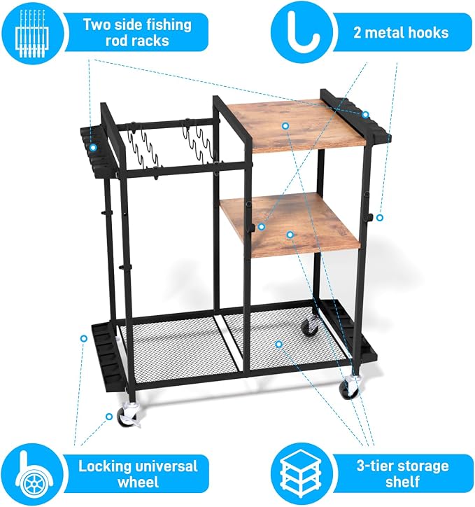 Fishing Rod Holders for Garage,Fishing Rod Rack Storage up to 12 Rods,3 Tier Adjust Heavy Duty Metal Fish Pole Stand Organizer with reel seat for Fishing Gear and Equipment Accessories