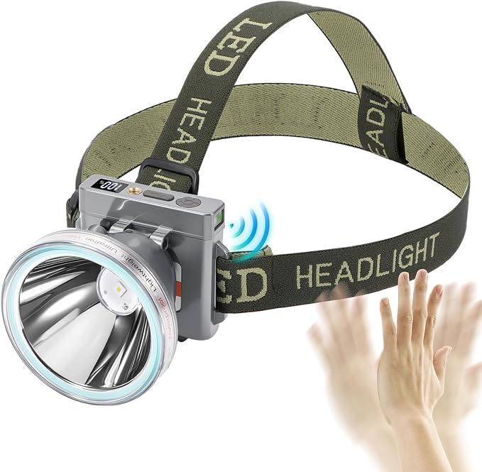 Super Lightweight Ultra-Thin Polymer Battery LED Headlamp with Motion Sensor, Battery Level Display, 5 Modes High Brightness Waterproof, Perfect for Camping, Hiking, Fishing (YK-312 White Light)