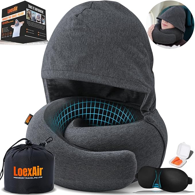 LOEXAIR™ Hooded Pro Travel Pillow - Memory Foam Neck Support Pillow for Airplane, Flight - Super-Soft Pure Cotton Fabric, Maximum Privacy & Light-Block Design, Lightweight Full Travel Kit - Dark Grey